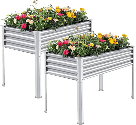 Land Guard 2Pcs Galvanized Raised Garden Bed with Legs, 48×24×32in Large Metal Elevated Raised Planter Box with Drainage Holes for Backyard, Patio, Balcony, 400lb Capacity