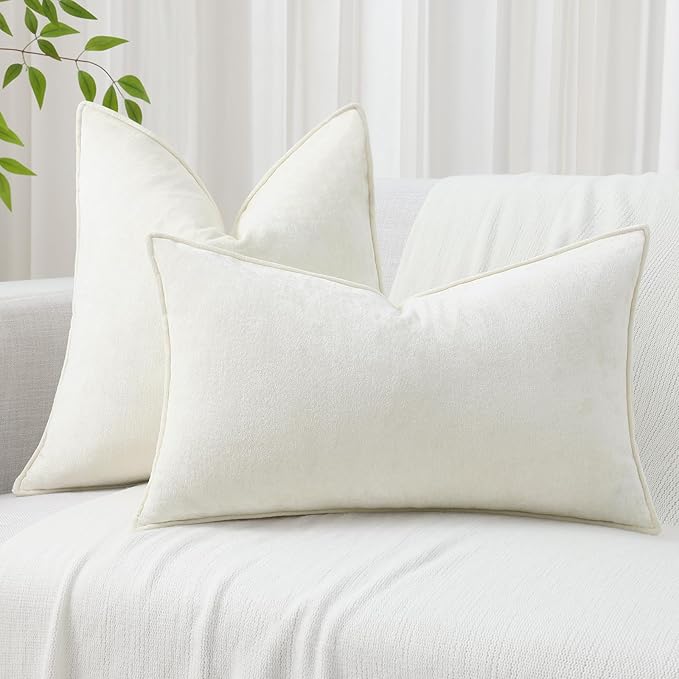 decorUhome Couch Throw Pillow Covers 24x24 Set of 2, Decorative Soft Euro Neutral Chenille Pillow Covers with Elegant Design for Sofa Bed Living Room Home Decor, Cream White