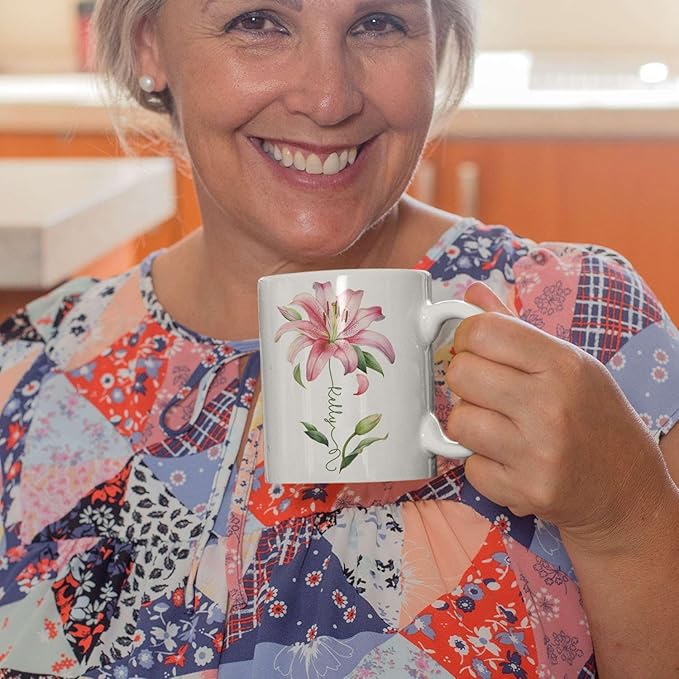 Customized Lily Flower Accent Cup, Novelty Flower Design Mug 11oz 15oz, Personalized Name Lily Lover Ceramic Cup, Custom Flower Decorative Mug, Unique Coffee Cup For Girl