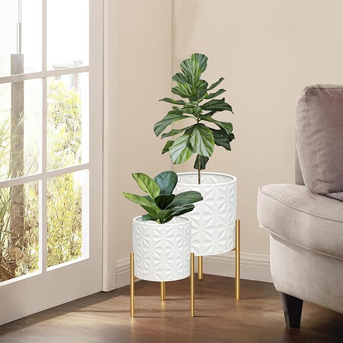 ARNIS Modern Planter Pots, Set of 2 Large Planters with Stand, Decorative Planters, Metal Pots with Drainage Holes for Living Room, Office, Garden or Balcony, 8.25 &10.5 Inch, Matte White