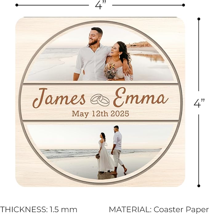60 Pack Personalized Wedding Coasters, Custom Cardboard Coasters for Drinks with Photo Print and Text, Keepsake Wedding Favors and Gifts for Couples, 4x4 Square, Design 5