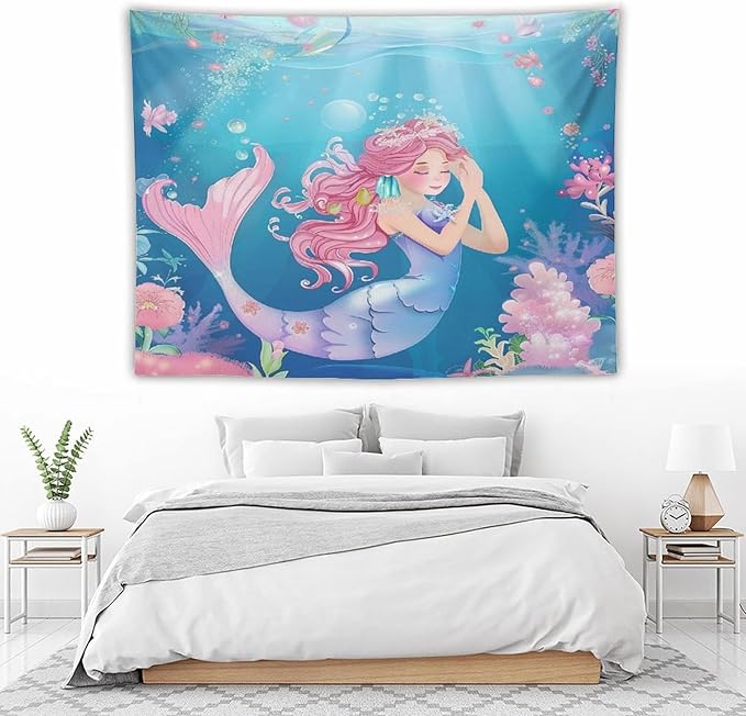 HZOHNAGO Mermaid Girls Tapestry Watercolor Flowers Mermaid Princess Blessing Pattern for Kids Room Decoration Printed Wall Tapestry Wall Hanging for Bedroom Living Room Dorm 80" W x 60" H