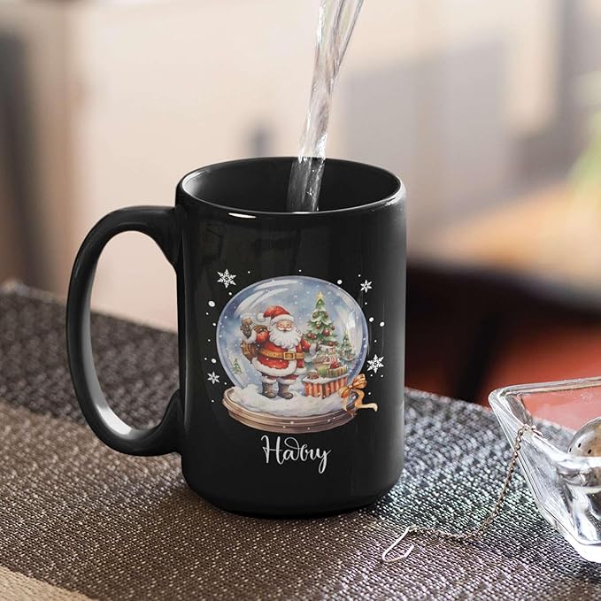 Custom Snow Ball Design Mug With Name, Personalized Black Cup 11oz 15oz, Snow Ball With Santa Claus And Christmas Tree Inside Design, Customized Christmas Themed Coffee Cup