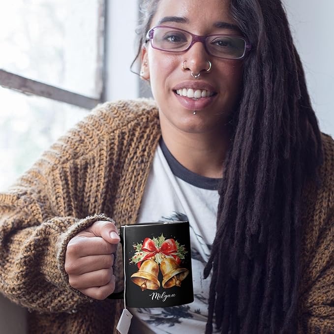 Christmas Jingle Bells Design Ceramic Mug, Custom Christmas Themed Cup With Name, Gift For Sibling, Personalized Coffee Mug With Jingle Bells Design, Customized Xmas Black Cup 11oz 15oz