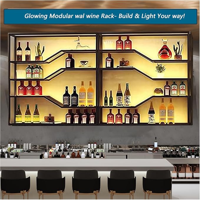 105in Large Wall Mounted Wine Rack with LED Light, 5-Tiers Liquor Bottles Display Shelf with Glasses Holder, Metal Home Bar Shelves with Iron Frame for Kitchen Dining Room (Black, 105in/8.72ft)
