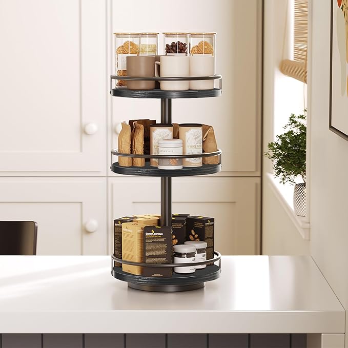 HOOBRO Lazy Susan Organizer, Rotating Spice Rack, 3-Tier Organizer, Turntable Spice Rack, Vertical Storage Organizer, for Kitchen Countertop, Vanity, Dining Table, Black BB09TL01