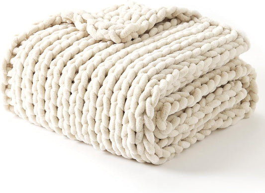 YnM Chunky Throw Blanket, Hand Knitted with Chenille Yarn, Skin Friendly, Ventilated and Breathable, Machine Washable, Home Décor Piece for Couch, Sofa and Bed (Butter Cream, 50x60 Inch)