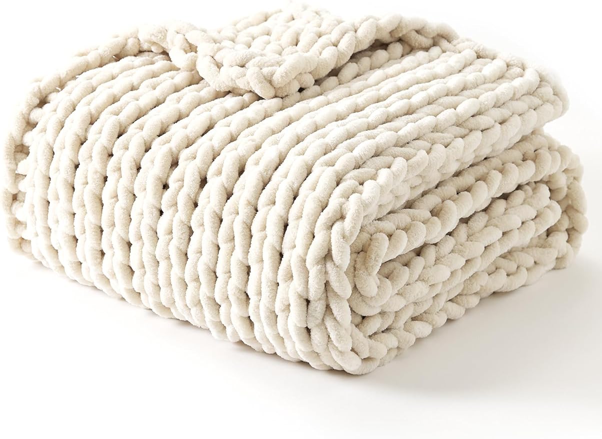 YnM Chunky Throw Blanket, Medium-Weight, Hand Knitted with Chenille Yarn, Skin Friendly, Ventilated and Breathable, Machine Washable, Home Décor Piece for Couch Sofa and Bed (Butter Cream, 80x87 Inch)