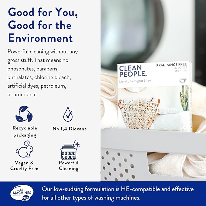The Clean People Fragrance Free Laundry Detergent Sheets - Laundry Soap - Ultra Concentrated, Recyclable Packaging, Stain Fighting - Fragrance Free, 32 Pack