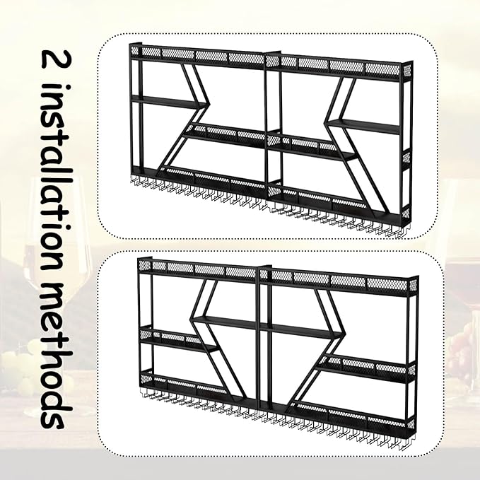Wall Mounted Wine Rack with Glass Holder, 3-Tier Metal Storage Shelf, Black Diamond Design, Wine Bottle Display with Stemware Storage (Black, 39.37in/Left)