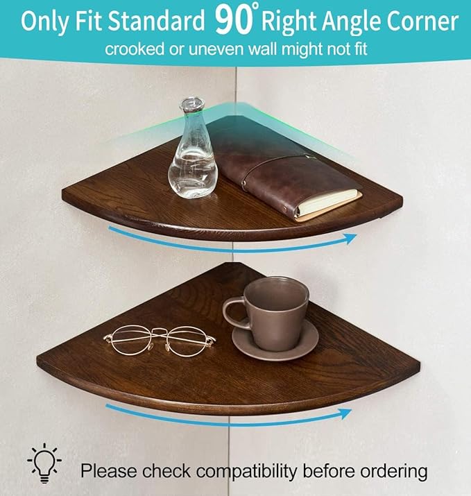 Corner Shelf, 7inch Solid Walnut Wood Floating Corner Shelf Wall Mount Round End Floating Speaker Rack with Wire Hole for Small Plant Photo Frame for Bedroom Kitchen, Living Room