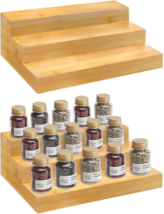 Spice Rack Organizer for Cabinet - Bamboo Spice Shelf, 3 Tier Seasoning Organizer for Countertop, Kitchen, Pantry 2 Pack