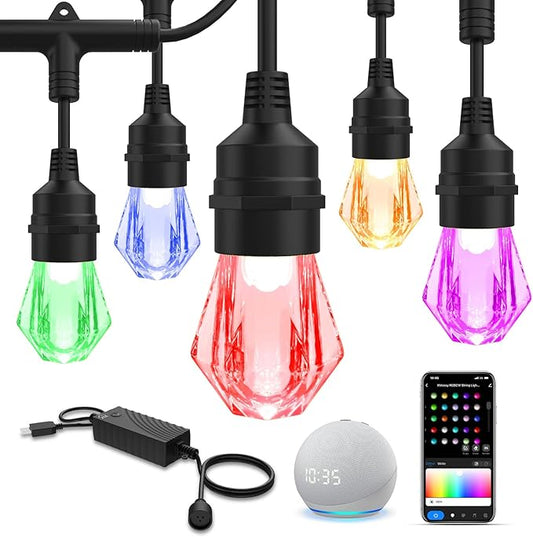 XMCOSY+ Smart Outdoor String Lights - 64ft RGBCWIC Patio Lights with 24 Color Changing Bulbs, LED String Light for Outside Backyard Bistro Party, APP WiFi Control, Work with Alexa, IP65 Waterproof