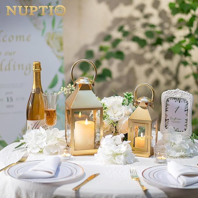 NUPTIO Gold Lanterns Decorative Indoor: 8.6 Inch Tall Metal Lantern with Glass for Pillar Candle - Fireplace Decor for Christmas Home Living Room Mantle Porch Wedding