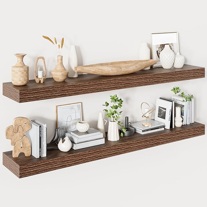 Heimlove Floating Shelves for Wall 48 Inches Long,9.3" Deep Walnut Floating Shelf Set of 2,Wall Mounted Wood Shelves for Bathroom Bedroom Living Room Kitchen Office,Shelf for Books Storage Room Decor