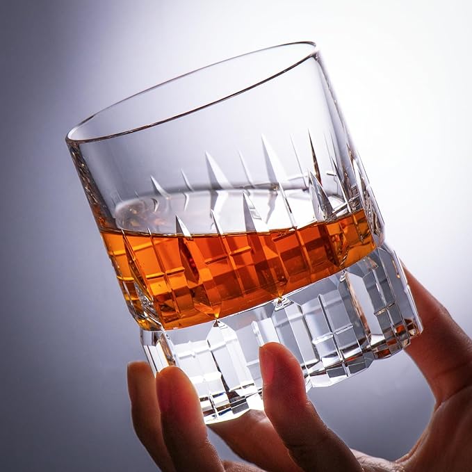 KAMMAK Crystal Whiskey Glasses Set of 2, Luxury 7.78oz Old Fashioned Glasses Stemless, Hand Blown Cocktail Glasses, Handcrafted Engraved Scotch Cup for Women, Men Gift for Bourbon Barware