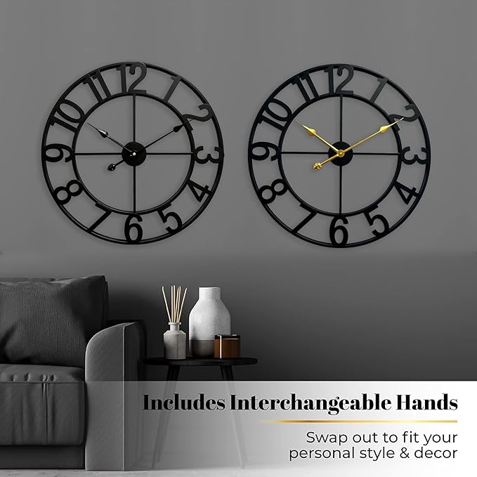 CLXEAST 24 Inch Wall Clocks for Living Room Decor, Black Metal Wall Clock, Arabic Numeral