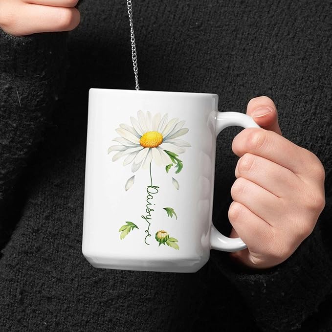 Lovely Daisy Flower Ceramic Mug, Customized Name On Floral Coffee Cup, Personalized Floral Accent Mug 11oz 15oz, Custom Daisy Lover Cup, Gift For Friend And Coworker, Novelty Daisy Mug