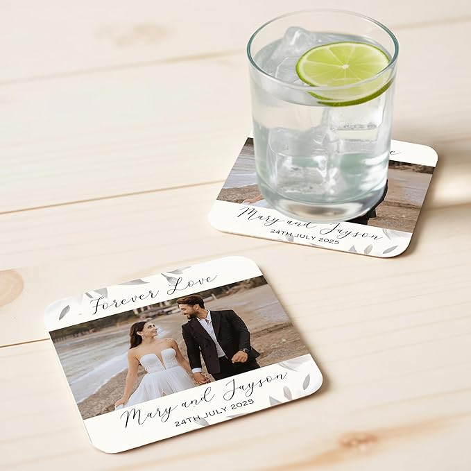 60 Pack Personalized Wedding Coasters, Custom Cardboard Coasters for Drinks with Photo Print and Text, Keepsake Wedding Favors and Gifts for Couples, 4x4 Square, Design 7