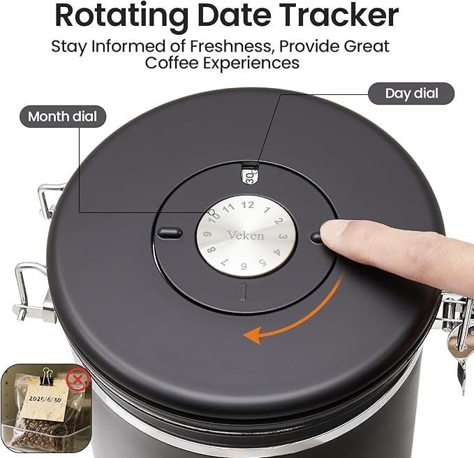 Veken Coffee Canister, 39OZ Large, Airtight Stainless Steel Food Storage Container for 2.2lbs Coffee Beans, Ground, Sugar, Tea, Flour, Rice, Cereal, Cookies Jars, Bar Accessories & Gifts, Black