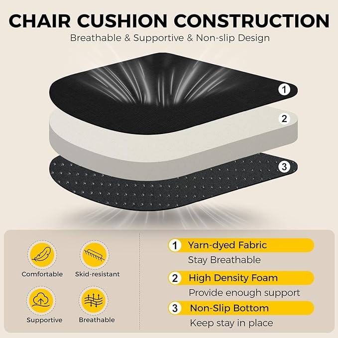 downluxe Indoor Chair Cushions for Dining Chairs, Soft and Comfortable Textured Foam Kitchen Chair Pads with Ties and Non-Slip Backing, 16" x 16" x 2", Black, 6 Pack