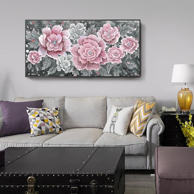 Oversized Framed Wall Art, Pink Flower Canvas Print Modern Pink & Grey Peony Blossom Artwork Extra Large Wall Picture Floral Decor for Living Room Bedroom Dining Room Office Home Decor