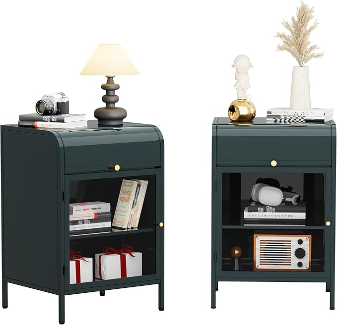 Modern Metal Side Tables Set of 2, End Tables with Glass Door, 2-Tier Nightstands with Storage Shelves, Accent Table, Slim Sofa Table for Living Room, Bedroom (Green)