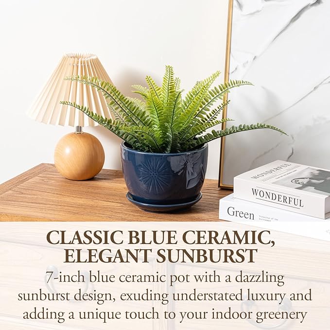 MyGift 7 Inch Round Blue Ceramic Plant Pot with Drainage Hole and Attached Saucer, Modern Decorative Embossed Sunburst Planter Container for Indoor Home Garden