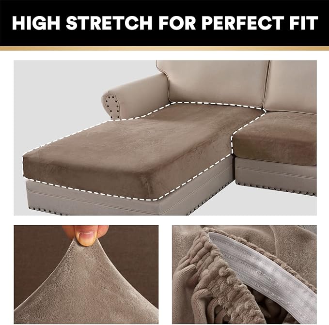 PrinceDeco Sectional Couch Covers 4 Pieces Couch Covers for Sofa Velvet Separate Couch Cover L Shape for Left/Right Chaise(3 Seater + 1 Chaise,Taupe)