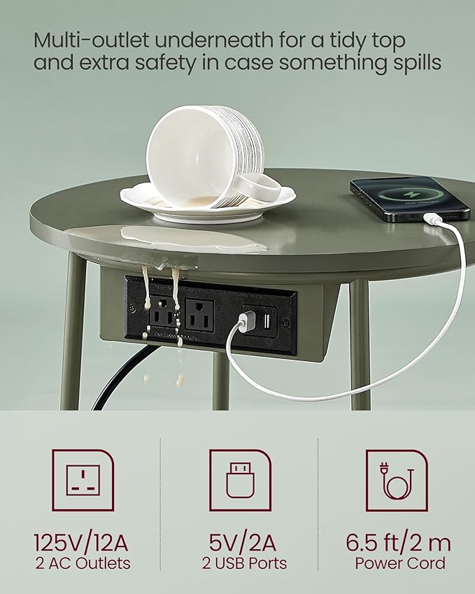 VASAGLE Side Table with Charging Station, Round End Table with Fabric Basket, Nightstand with Power Outlets, USB Ports, for Living Room, Bedroom, Modern, Forest Green and Cream White ULET228C04