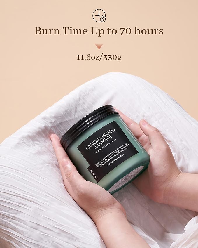 M&SENSE Sandalwood Jasmine Scented Candle, 11.6oz 70 Hours Burn Time Clean Non Toxic Natural Soy Wax Candle 2 Cotton Wick Home Decor for Mothers Day & Bathroom Bedroom