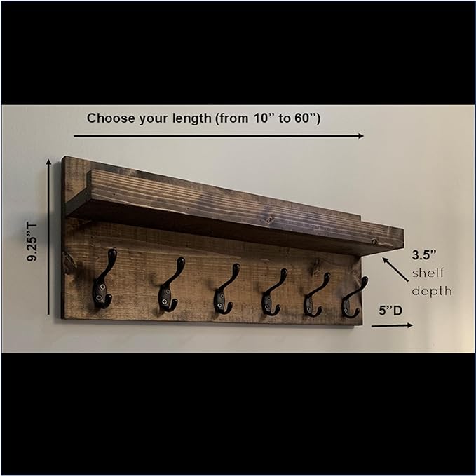 Coat Rack with Shelf Wall Mounted with Storage (Choose Your Length) Towel Rack Entryway Organizer Key Hooks (20" L (5 Hooks))