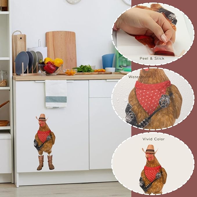 Cool Cowboy Chicken Wall Stickers Peel and Stick, Chicken Lover Gifts Window Stickers Removable, Funny Farm Chicken Wall Decals Decor, Weird Gifts for Friends