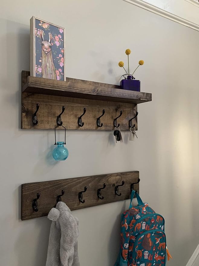 Coat Rack with Shelf Wall Mounted with Storage (Choose Your Length) Towel Rack Entryway Organizer Key Hooks (20" L (5 Hooks) Set of 2)