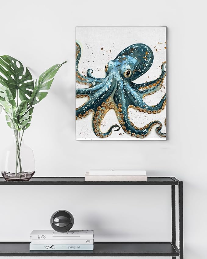 Nautical Octopus Canvas Wall Art Octopus Ocean Theme Print Poster Coastal Framed Picture Painting for Home Beach House Bedroom Wall Decor 8x10 Inch