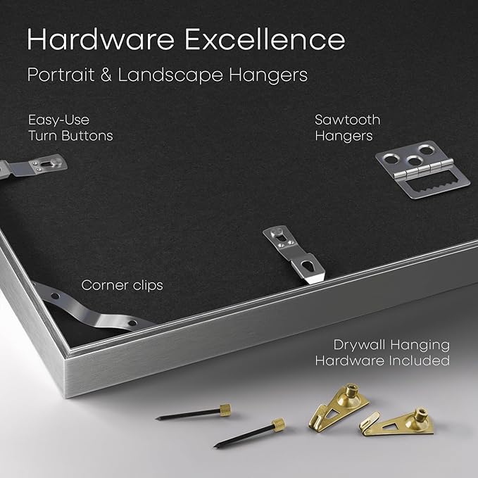 Homeforia 11x14 Picture Frame Silver, High End Metal 11x14 Frames with Mat 8x10, 11 x 14 Silver Poster Frame Matted to 8 x 10 inch Photo, 11by14 Thin Hanging Frames, Tempered Glass, Wall Kit, Set of 1