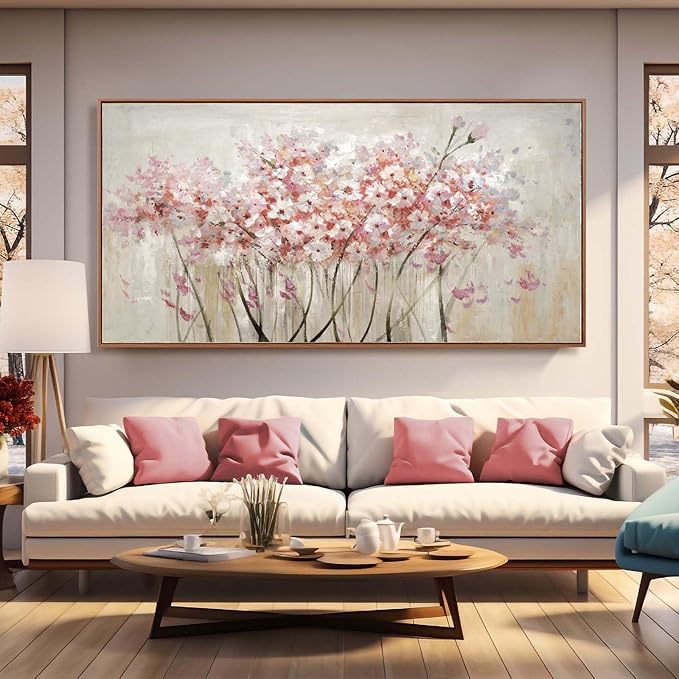 YJYart Landscape Wall Art Floral Wall Pictures Pink and White Canvas Wall Artwork 36"x70" Wall Prints for Living Room Office Wall Decor