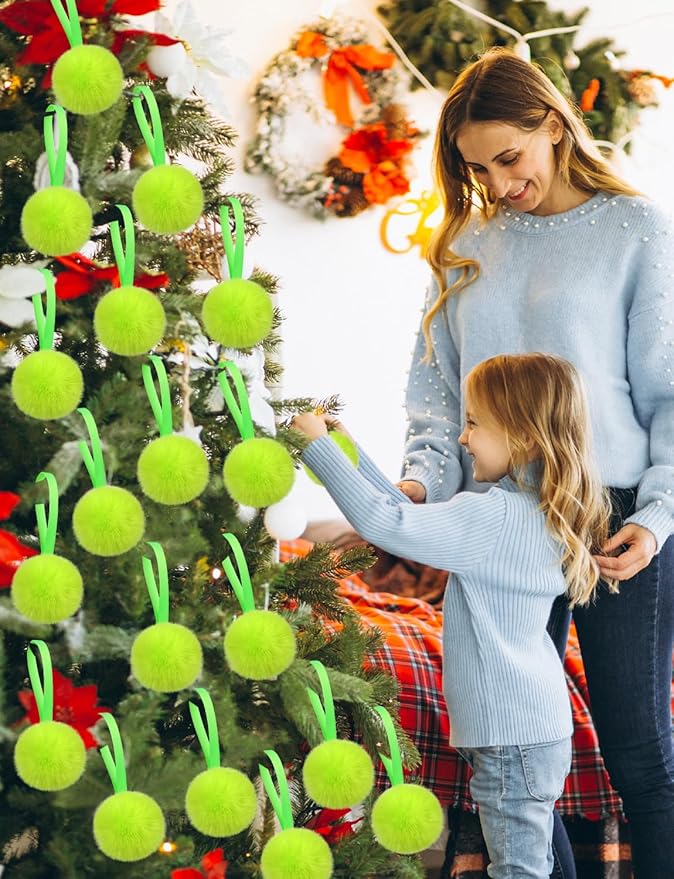 64Pcs Green Furry Christmas Balls, Green Xmas Ornaments Ball, Craft Pom Pom Balls, Christmas Tree Decorations Ball, Hanging Ornaments for Xmas Indoor Wreath Home School Office Décor