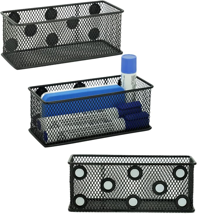 Neudeco Magnetic Locker Organizer and Accessories，Wire Mesh Magnetic Storage Basket ,Magnetic Holder for Dry Erase Markers,Strong Magnet Pen Holder for Fridge School,Pack 3 (Black)