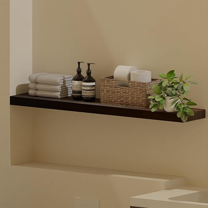 ROGMARS Walnut Wooden Floating Shelves for Wall 48 inches Long,8 Inch Deep Natural Wood Floating Wall Mounted Shelves with Invisible Bracket for Kitchen,Bedroom,Living Room,1PC