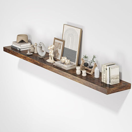 Floating Shelves for Wall, 72" W x 9.3" D x 1.5" H, Long Wooden Wall Mounted Display Shelf with Invisible Brackets for Living Room, Bedroom, Bathroom, Kitchen & Storage, Set of 1, Rustic Brown