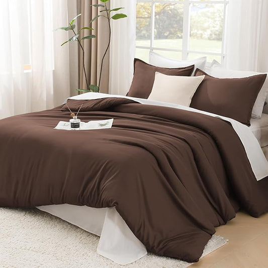 Litanika Brown Comforter Set Queen Size, 3 Pieces Lightweight Solid Bedding Comforter Set, All Season Fluffy Bed Set (90x90In Comforter & 2 Pillowcases)