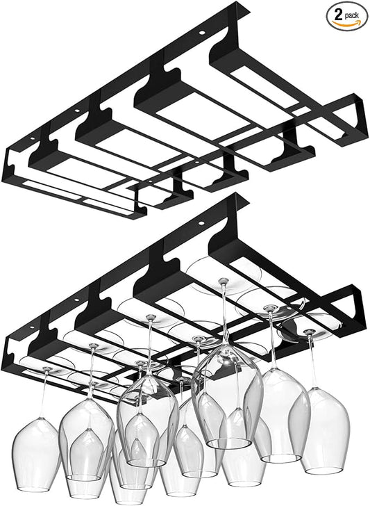 Wine Glass Rack - Under Cabinet Stemware Wine Glass Holder Glasses Storage Hanger Metal Hanging Organizer for Bar Kitchen, Black 4 Rows 2 Packs