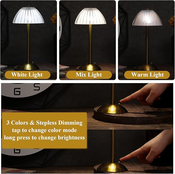 Liliful 2 Pcs LED Portable Cordless Table Lamp Touch Battery Operated Rechargeable Desk Lamp 3 Color Dimmable for Bedroom Living Room Dining (Mushroom Style,Gold)