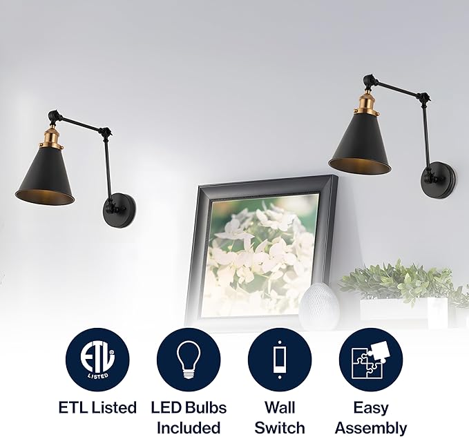 JONATHAN Y JYL7462A-SET2 Rover 7" Farmhouse Industrial Adjustable Arm Metal LED Wall Sconce Rustic Bohemian 2700K 4W Bulb for Entryway Lobby Kitchen Bathroom Bedroom Hallway, Black (Set of 2)