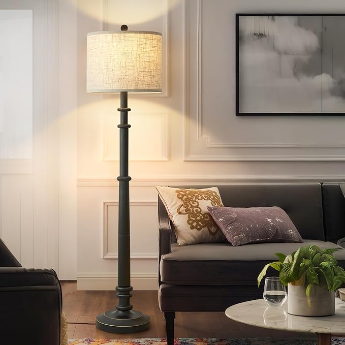 Floor Lamps for Living Room - 60" Resin Farmhouse Floor Lamp with 3 Color Temperatures - Vintage Standing Lamp Reading Light with Linen Shade Retro Tall Lamp for Bedroom Office, Black