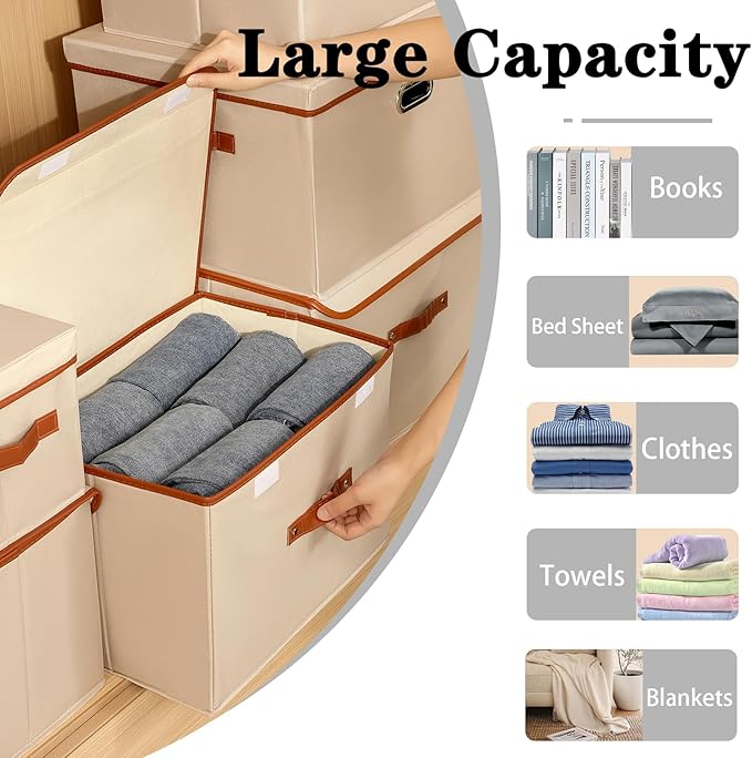 Tuza 4 Pack Large Fabric Storage Bins with Lids, Foldable Storage Boxes with Lids for Organizing, Decorative Storage Boxes with Handles for Home, Bedroom, Closet, Office(Khaki, Medium)