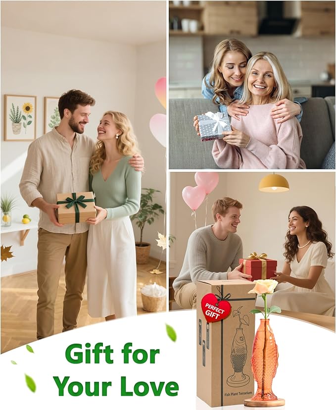 Nacome Fish Vase Glass Plant Terrarium with Wooden Stand,Planter Propagation Station for Home Office Hydroponics Desk Decoration,Unique Gardening Gifts for Plant Lovers Women Mom(Orange)