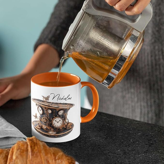 Personalized Coffee Mug Gift For Men, Customized Choose Name White Cup 11oz Or 15oz, Unique Steampunk Design Ceramic Cup, Custom Clock Themed Decorative Cup, Steampunk Decor Mug