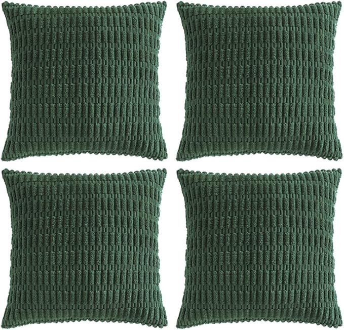 Fancy Homi Set of 4 Dark Green Boho Decorative Throw Pillow Covers 24x24 Inch for Couch Bed Sofa, Aesthetic Modern Bohemian Room Decor, Soft Fuzzy Fluffy Cozy Corduroy Textured Cushion Case 60x60cm